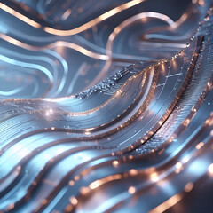 A futuristic data transfer concept set against a sleek, modern wallpaper that doubles as a stretch ceiling, adorned with intricate, swirling slices of circuitry.