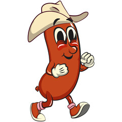 Cheerful sausage cartoon mascot walking wearing a cowboy hat, fun meat snack character illustration, isolated high-quality vector perfect for branding and design use, work of hand drawn