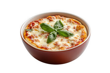 Delicious bowl pizza with fresh basil and melted cheese, italian cuisine, food photography, culinary art, gourmet dish, isolated on transparent background