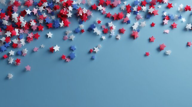 Colorful stars scatter across a light blue surface for a festive celebration or party decoration