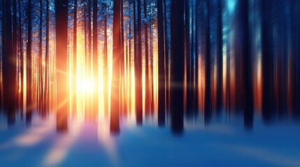 Serene winter forest at sunset with soft light filtering through tall trees and snow-covered ground