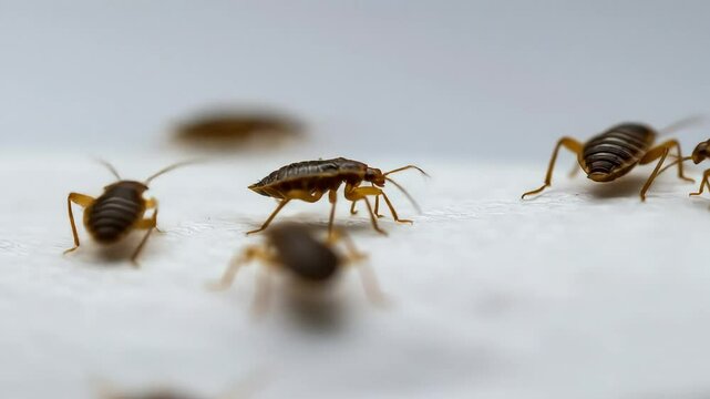 Macro Photography Of Bed Bugs Crawling On White Textured Surface