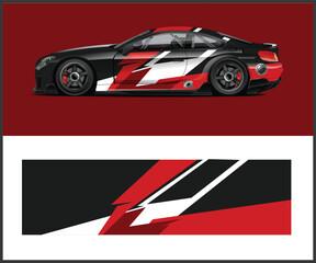 Obraz premium Sleek Black Sports Car with Red and White Racing Stripe Design