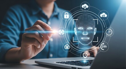 Person using laptop interacts with digital facial recognition interface showcasing biometric security and data protection technology.