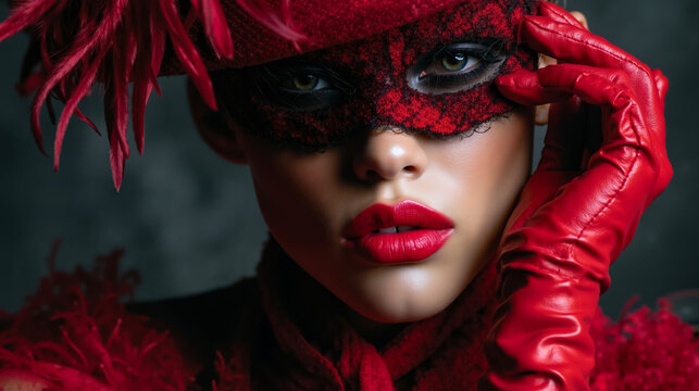 A woman wearing a red hat and red gloves