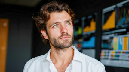 Businessman analyzing data diagrams on digital screen, focused on strategy, performance, and financial growth in modern workspace