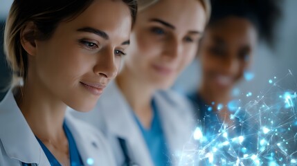 Diverse medical team examining glowing digital data visualization with futuristic blue light effects in modern hospital setting. Healthcare technology concept.