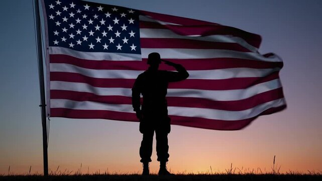 American soldier saluting large waving U.S. flag at sunset, representing patriotism, military honor, veterans, national pride, armed forces tribute, and American values in symbolic silhouette composit