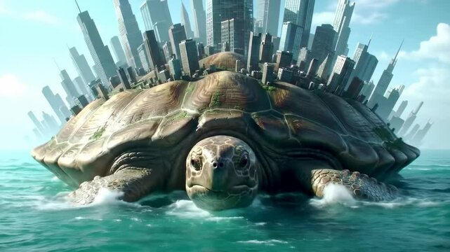 City on turtles back ocean scene