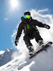 snowboarder jumping in the snow , skier in the snow