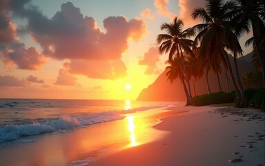 Serene sunset over a tranquil beach with palm trees swaying softly in warm tropical breeze at golden hour. Generative AI. High quality