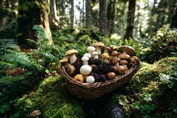 Wicker basket overflowing with freshly picked wild mushrooms and dark berries rests on a mossy forest floor, surrounded by ferns and bathed in soft, dappled sunlight