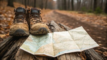 Hiking boots resting on a log beside a folded map on a forest trail during autumn.