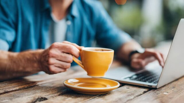 A person sits at a rustic wooden table, holding a yellow coffee cup while working on a laptop.