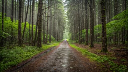 Fototapeta premium A tranquil forest path stretches through tall, slender trees with lush green foliage, creating a peaceful, natural corridor.