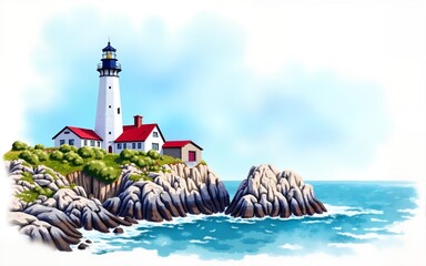 Watercolor Illustration of a Lighthouse on a Rocky Coastline with a Blue Sky and Ocean. High quality