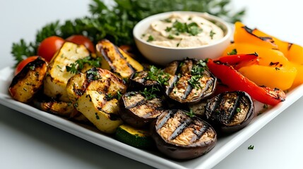 Grilled seasonal vegetables served on white plate with creamy dipping sauce, featuring charred zucchini, mushrooms, bell peppers, and cherry tomatoes garnished with fresh herbs.