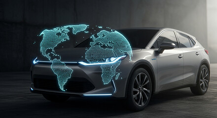 Electric car with digital earth globe suggesting global technology and future transportation