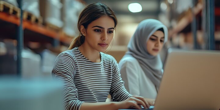 Young diverse female professionals working together at laptop in modern warehouse office space with industrial storage shelves in background. - Powered by Adobe