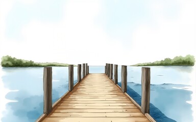 Naklejka premium Watercolor painting shows a wooden pier extending into the water. High quality