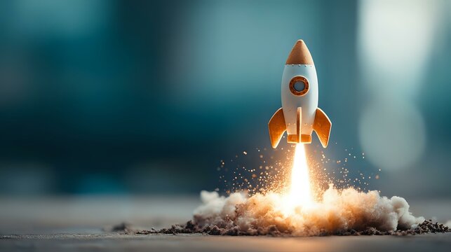 Retro rocket launching with fire and smoke effects against blurred blue background, dramatic startup business concept for innovation and success.