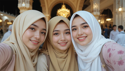 A young Arabian Muslim sister's posing for selfie at the time of Ramadan and Eid.