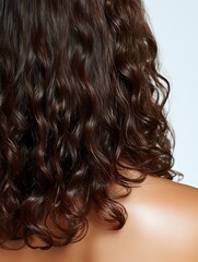 Naklejka premium Close-up view of dark brown curly wavy hair cascading down bare shoulders, showing natural texture and shine against white background.