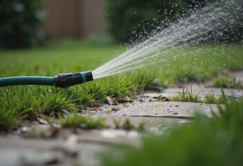 Naklejka premium Garden hose left running on patchy grass, creating a refreshing scene