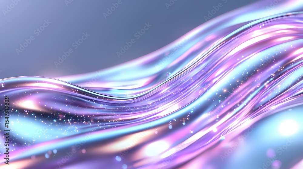 Poster flowing abstract waves in neon purple and blue colors with glowing particles and light effects creat