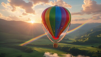 Fototapeta premium A dreamy rainbow hot air balloon floating over a peaceful valley at sunrise, vibrant rainbow trails in the sky
