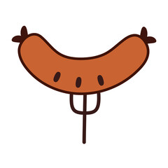 Fried bavarian sausage on fork. Flat icon isolated on white background. Barbecue and Oktoberfest food concept.