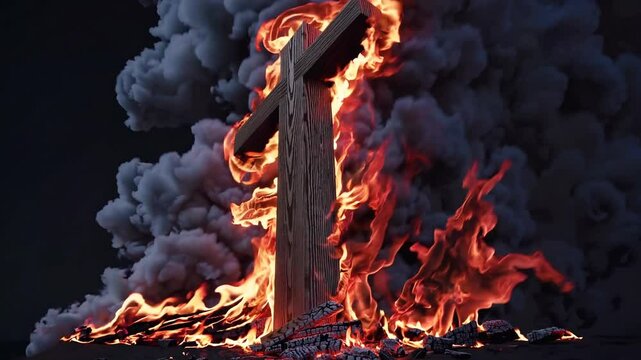 Burning Christian cross engulfed in flames and smoke at night, symbolizing persecution, danger, religious tension, symbolic destruction, and dramatic spiritual conflict or conceptual protest