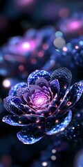 Glowing digital flower with luminous purple and blue petals on dark background, featuring intricate wireframe patterns and bokeh light effects. For fantasy art designs.