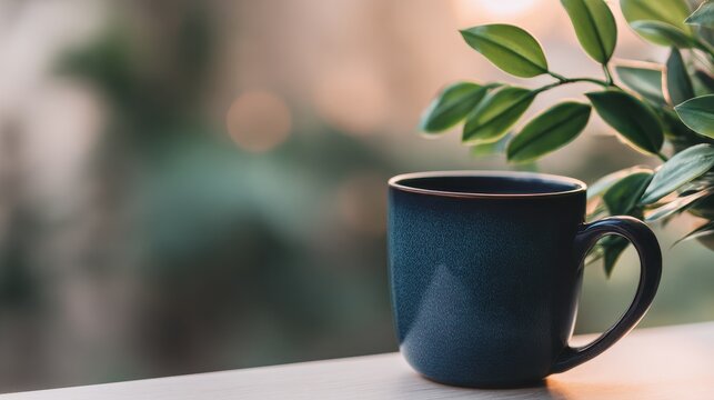 A serene moment with a dark blue mug on a wooden table, surrounded by lush green foliage in soft focus