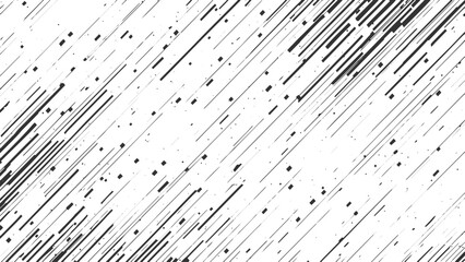 Abstract Black and White Diagonal Lines Pattern Background Texture with Varying Line Weights and Small Square Elements Scattered Across the