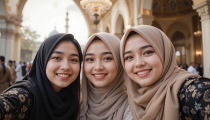 A young Arabian Muslim sister's posing for selfie at the time of Ramadan and Eid.