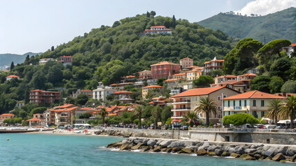 Scenic Italian coastline with charming hillside homes and vibrant greenery against a backdrop of the blue ocean
