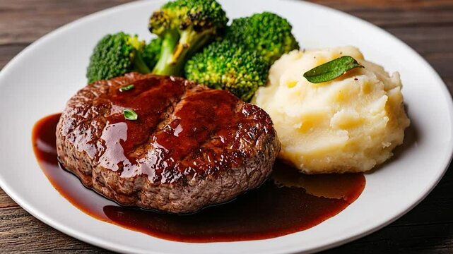 Grilled beefsteak with mashed potatoes and broccoli overhead food photography