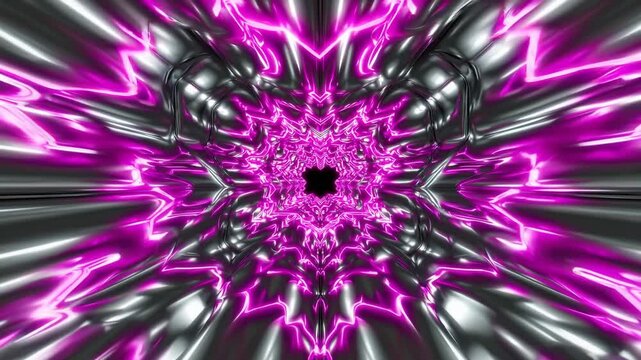 Abstract neon heart tunnel with pink and silver glowing patterns  