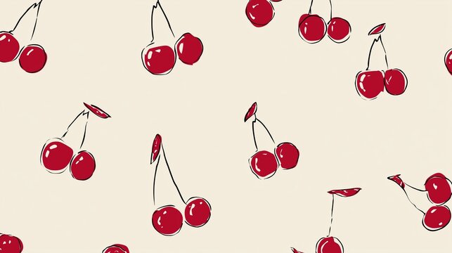Hand-drawn cherry seamless pattern with vibrant red fruits and soft edges on cream background, minimalist whimsical vector illustration