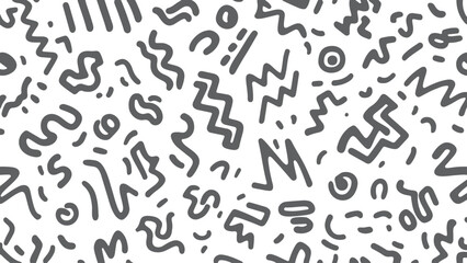 Abstract Gray and White Seamless Pattern with Hand Drawn Geometric Shapes Zigzags Lines and Circles 80s Style Background Texture for Fabric