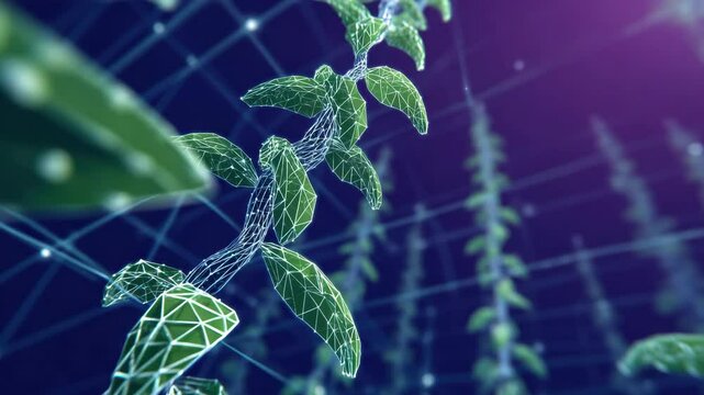 Digital plant wireframe green leaf technology futuristic abstract network science innovation growth concept with 3D render nature biotechnology artificial intelligence data environment virtual