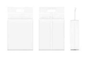 Vacuum bag with handle mockup for cat litter. Front, back and side background. Vector illustration isolated on white background. Ready for use in presentation, advertising. EPS10.