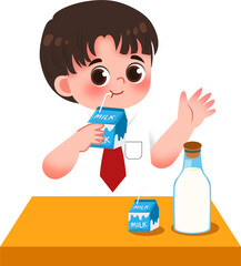 Animated Boy Sipping Milk Box, Bottle on Table, Cheerful Cartoon Illustration.