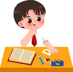 Thoughtful schoolboy studying at desk with books and stationery, pondering a problem, student education concept.