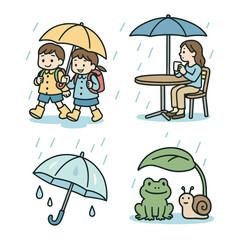 雨の日のシーンイラスト｜子ども・紫陽花・カフェ・動物たち