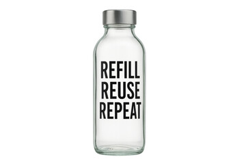 Refillable glass water bottle promoting sustainability with transparent background