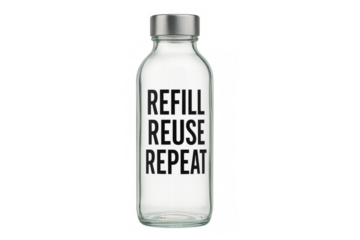Refillable glass water bottle promoting sustainability with transparent background