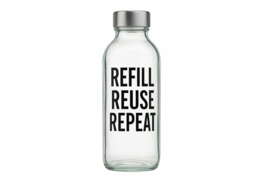 Refillable glass water bottle promoting sustainability with transparent background