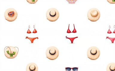 Summer apparel for beach vacation bikini swimsuit floppy hat flip-flops sunglasses, watercolor illustration seamless pattern on white background. Watercolor seamless pattern with beach vacation